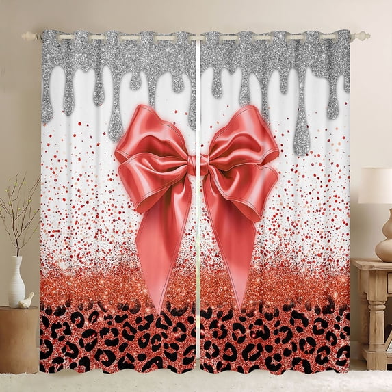 Homewish Orange Bow Blackout Curtains Set of 2 (52x84 Each) for Girls, Cute Leopard Print Curtain