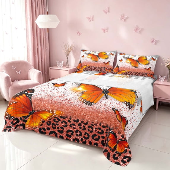 Homewish Orange Butterfly Leopard Print Bed Sheets, Animal Full Size Sheets, 4 Pieces (1 Flat Sheet, 1 Fitted Sheet and 2 Pillowcases)