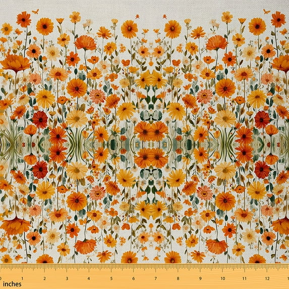 Homewish Orange Daisy Floral Fabric by the Yard 2 Yards for Teens, Vintage Elegant Sewing Fabric, Rustic Farmhouse Groovy Fabric for Sewing, Microfiber Bedroom Decor