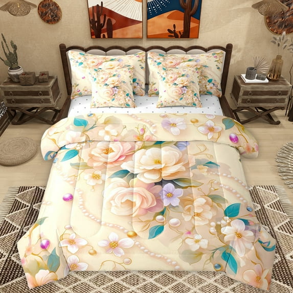 Homewish Orange Floral 7-Piece Twin Bedding Sets,Chic Pearl Bedding Comforter Set,Romantic Valentine'S Day Sheet Sets For Men Women,Ultra Soft Home Decor Reversible