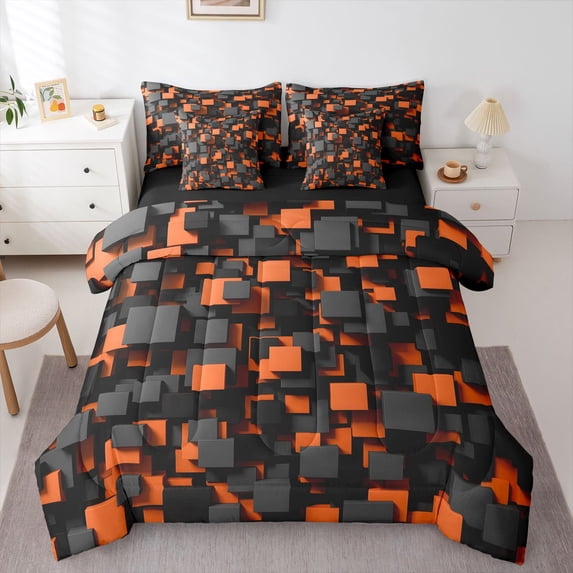 Homewish Orange Futuristic Cubes 7-Piece King Bedding,Abstract Artwork King Bed in a Bag,Black Reversible