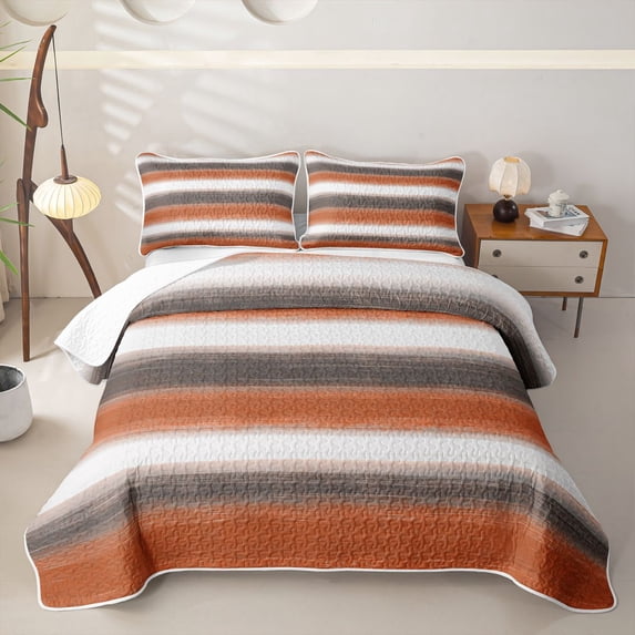 Homewish Orange Geometric Stripes Quilt Full,Contemporary Artwork Full Bedspread Sets,3-Piece