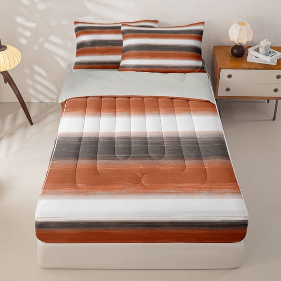 Homewish Orange Geometric Stripes Zipper Twin Comforter Sets with Fitted Sheet and 2 Pillowcases,Contemporary Artwork Zipper Bedding Set,Light Gray Reversible,4pcs