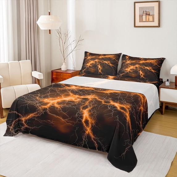 Homewish Orange Glowing Lightning Bed Sheets,Classic Contemporary Full Size Sheets,4 Pieces,1 Flat Sheet, 1 Fitted Sheet and 2 Pillowcases