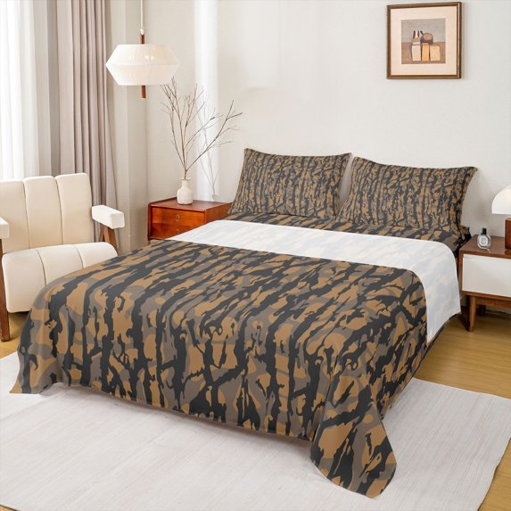 Homewish Orange Grey Stripes Queen Sheet Sets, Chic Vintage Abstract Pmbre Flat Sheet, Camouflage Queen Fitted Sheet, Lightweight Room Decor, 4 Pieces