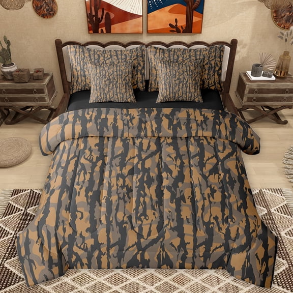 Homewish Orange Grey Stripes Twin Bedding Sets 7-Piece, Chic Vintage Abstract Pmbre Bedding Comforter Set, Camouflage Reversible Sheet Sets, Lightweight Room Decor