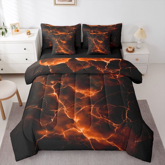 Homewish Orange Lightning Flash 7 Pieces Full Size Bedding Sets,Classic Contemporary Full Size Bed in a Bag,Black Reversible