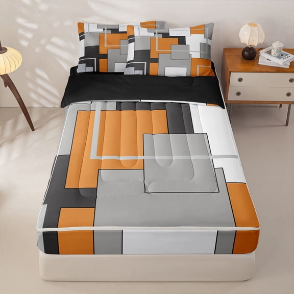 Homewish Orange Minimalist Block Zipper Twin Comforter Sets with Fitted Sheet and 2 Pillowcases,Aesthetic Geometric Zipper Bedding Set,Black Reversible,4pcs