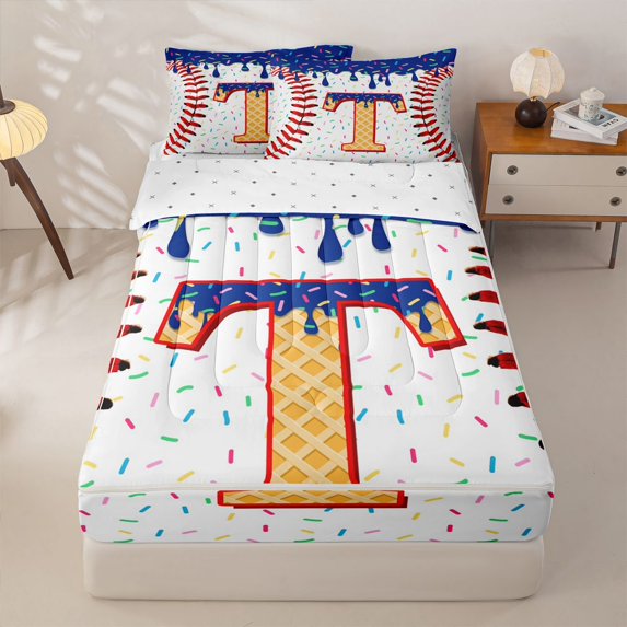 Homewish Orange Monogrammed T Zipper Full Size Comforter Sets with Fitted Sheet and 2 Pillowcases, Sport Baseball Zipper Bedding Set, Kids Boys, Reversible, 4 Pieces