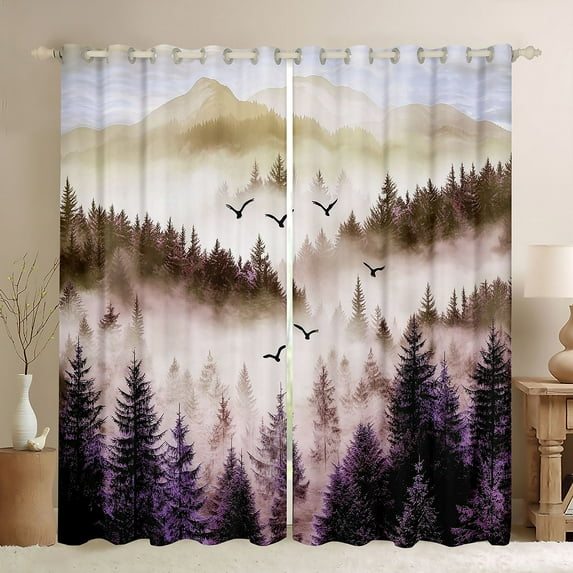 Homewish Orange Nature Scenery Blackout Curtains Set of 2 (52x84 Each), Jungle Mountain Pine Tree Window Curtains, Retro Natural Landscape Curtains and Drapes, Living Room Curtains Decor