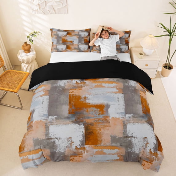 Homewish Orange Ombre Plaid Bedding,Classic Abstract Geometric Duvet Cover Full,Black Reversible,3pcs,1 Duvet Cover and 2 Pillowcases