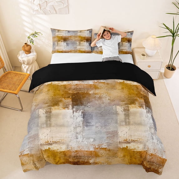 Homewish Orange Ombre Plaid Duvet Cover Queen,Geometric Abstract Queen Bedding,Black Reversible,3-Piece,1 Duvet Cover and 2 Pillowcases