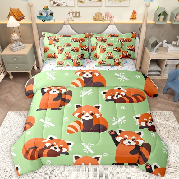 Homewish Orange Panda 7-Piece Bedding Comforter Set,Zoo Animal King Bedding Sets,Cute Puppy Dogs Paws Bed Sheets For Boys Girl,Microfiber Bedroom Decor Reversible