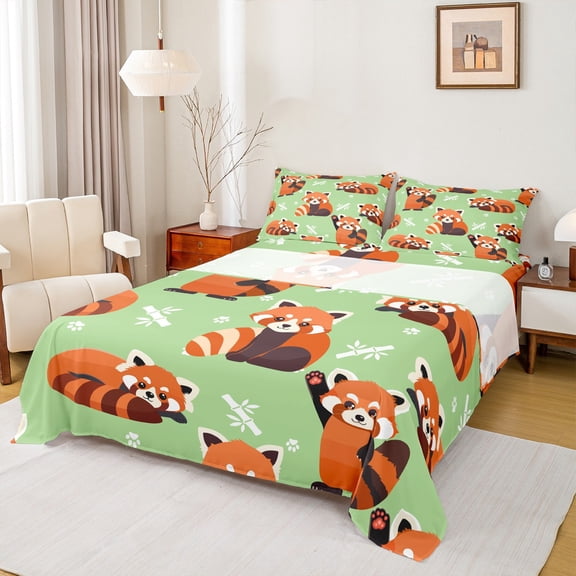Homewish Orange Panda Twin Sheet Sets,Zoo Animal Twin Fitted Sheet,Cute Puppy Dogs Paws Flat Sheet For Boys Girl,Microfiber Bedroom Decor,3pcs