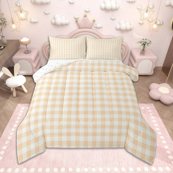 Homewish Orange Plaid Full Size Comforter Sets, Geometric Buffalo Grid Bedding Comforter Set, Cute Checkered Bedding Sets, Lightweight Room Decor
