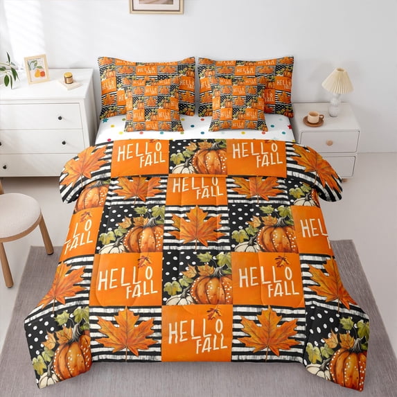 Homewish Orange Pumpkin Bedding Comforter Set 7 Pieces for Kids Teens,Happy Fall Autumn Harvest Full Bedding Set Lightweight,Geometric Plaid Grid Fitted Sheet Flat Sheet,Lightweight Room Decor