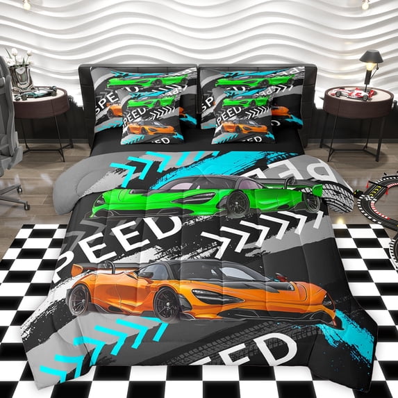Homewish Orange Racing Car 7-Piece Bedding Comforter Set,Abstract Gray Graffiti King Bedding Sets,Speed Competition Bed Sheets For Boys Kids,Ultra Soft Home Decor Reversible