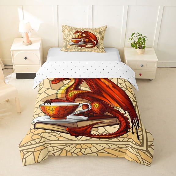 Homewish Orange Red Dragon Twin Duvet Cover,Retro Wildlife Twin Bedding,Reversible,2pcs,1 Duvet Cover and 1 Pillowcase