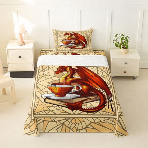 Homewish Orange Red Dragon Twin Sheets,Retro Wildlife Bedding,3pcs,1 Fitted Sheet and 1 Pillowcase