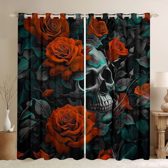 Homewish Orange Rose Floral Curtains Pack of 2 (42x84 Each) for Lover, Romantic Gothic Skull Curtains Blackout, Couple Anniversary Bedroom Curtains, Living Room Curtains Decor