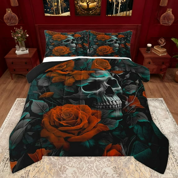 Homewish Orange Rose Floral Queen Comforter Set for Lover, Romantic Gothic Skull Bedding Sets, Couple Anniversary Reversible Bedding Comforter Set, Luxury Bedroom Decor, 3pcs