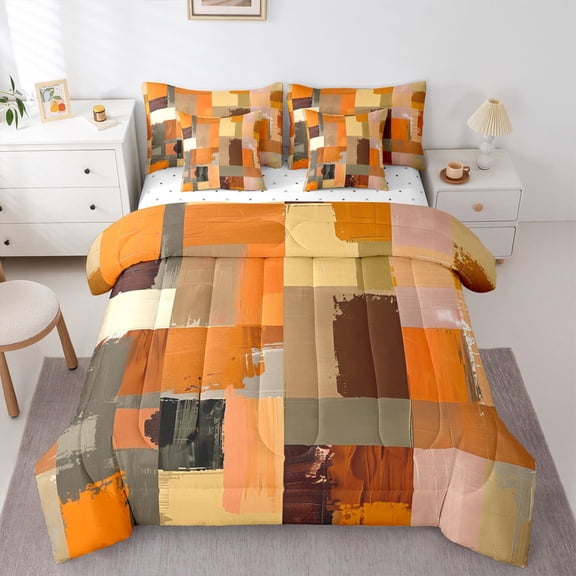 Homewish Orange Watercolor Block 7 Pieces Full Size Bedding Sets,Vintage Aesthetic Full Size Bed in a Bag,Reversible