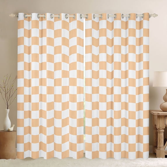 Homewish Orange White Grid Blackout Curtains Set of 2 (52x84 Each) For Kids Children Teens,Geometric Buffalo Window Curtains,Minimalist Abstract Curtains and Drapes,Microfiber Bedroom Decor