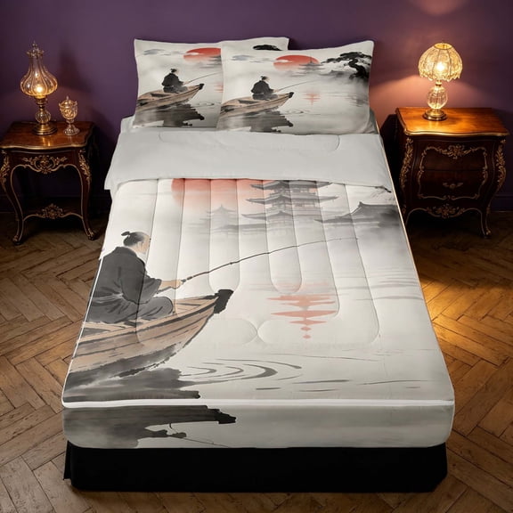 Homewish Oriental Lake House Zipper Twin Comforter Sets with Fitted Sheet and 2 Pillowcases, Japanese Pavilions Towers Zipper Bedding Set, Gray Reversible