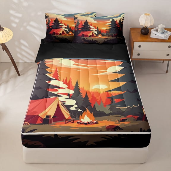 Homewish Outdoor Camping Zipper Twin Comforter Sets with Fitted Sheet and 2 Pillowcases For Camper Gifts,Country Style Zipper Bedding Set For Kids Boys,Black Reversible,4 Pieces