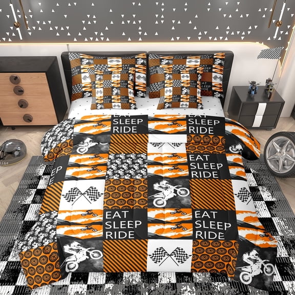 Homewish Outdoor Motocross 7-Piece Twin Bedding Sets,Extreme Sport Bedding Comforter Set,Orange White Black Sheet Sets For Boys,Lightweight Room Decorative Reversible
