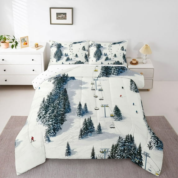Homewish Outdoor Skiing Sports Bedding Comforter Set, Rustic Pine Tree Twin Comforter Sets, Nature Winter Scenery Reversible Bedding Set, Breathable Home Decor, 2-Piece