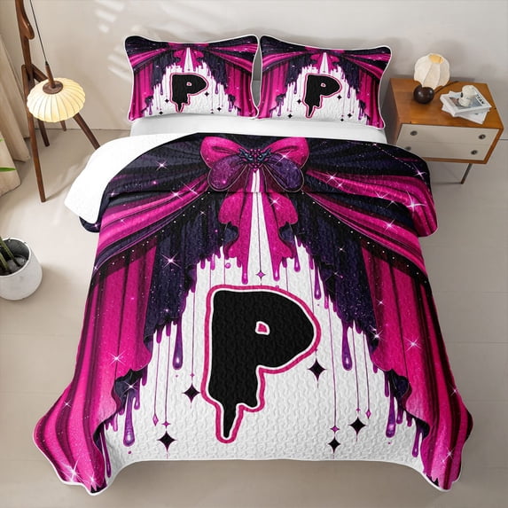 Homewish P Letter Bed Spread Queen for Girls, Pink Black Bowtie Queen Coverlet Set, 3-Piece 1 Quilt and 2 Pillowcases