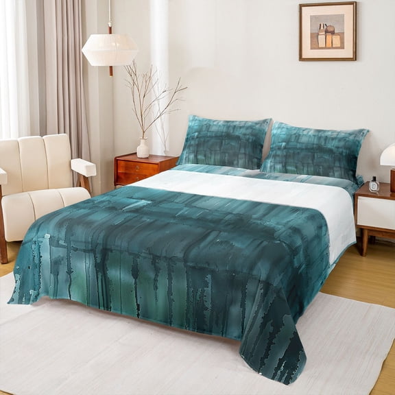 Homewish Painting Artistic Twin Sheet Sets,Modern Aesthetic Twin Fitted Sheet,Teal Splashing Ink Flat Sheet For Teens,Microfiber Bedroom Decor,3pcs