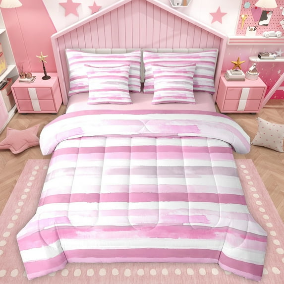 Homewish Painting Graffiti 7-Piece Twin Bedding Sets,Minimalist Stripes Lines Bedding Comforter Set,Pink White Sheet Sets For Girl Boys,Super Cozy Room Decor Reversible