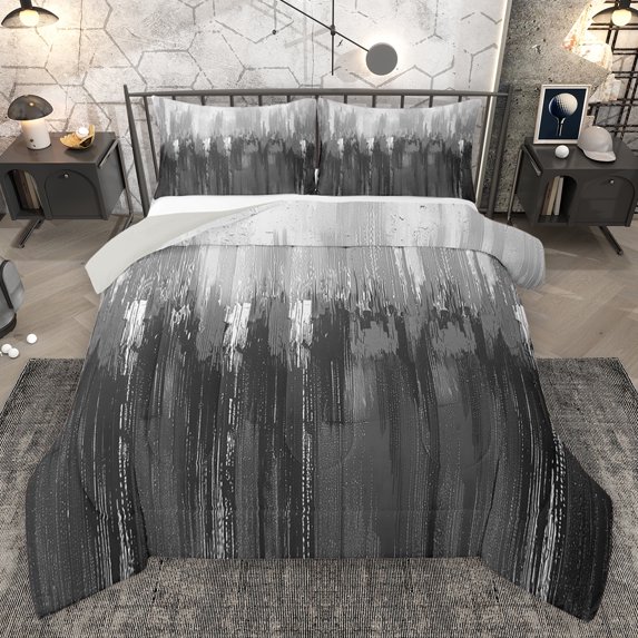 Homewish Painting Graffiti Full Size Comforter Sets,Minimalist Stripes Lines Bedding Comforter Set,Gray White Bedding Sets For Girl Boys,Super Cozy Room Decor Reversible,3pcs