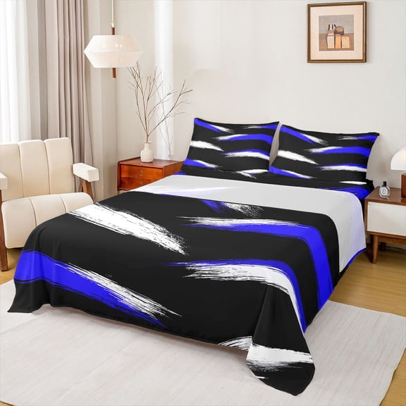 Homewish Painting Stripes Full Size Sheets,Modern Asbtarct Geometric Bed Sheets,White Blue Black Sheet Sets For Girl Boys,Ultra Soft Home Decor,4pcs