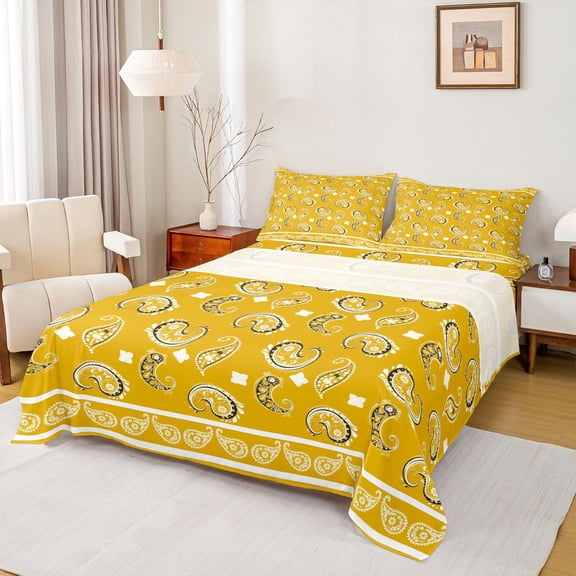 Homewish Paisley Floral King Sheet Set, Vintage Boho Flower Yellow White, 4-Piece