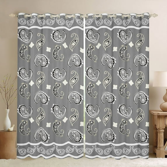 Homewish Paisley Floral Black Out Curtains,Vintage Boho Flower Curtains Pack of 2 (42x63 Each),Gray White Bedroom Curtains For Adults,Breathable Home Decor