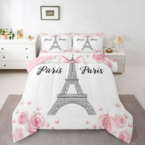 Homewish Paris Bedding Comforter Set,Eiffel Tower Twin Comforter Sets,Pink White Bedding Set For Girls Kids,Microfiber Bedroom Decor Reversible,2-Piece
