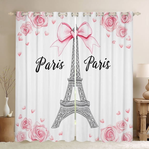 Homewish Paris Black Out Curtains,Eiffel Tower Curtains Pack of 2 (42x63 Each),Pink White Bedroom Curtains For Girls Kids,Microfiber Bedroom Decor