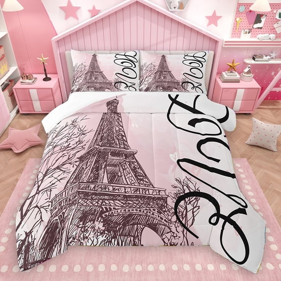 Homewish Paris Eiffel Tower 2pcs Bedding Comforter Set for Teens Girls Boys,Romantic Valentine Twin Comforter Sets,Black Pink Breathable Bedding Set,Ultra Soft Home Decor