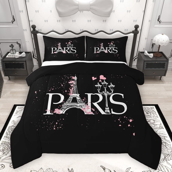 Homewish Paris Eiffel Tower 3 Pieces Queen Comforter Set for Teens Adults,Black Pink Ultra Soft Bedding Sets,Valentine's Day Bedding Comforter Set Breathable,Lightweight Room Decor,Reversible