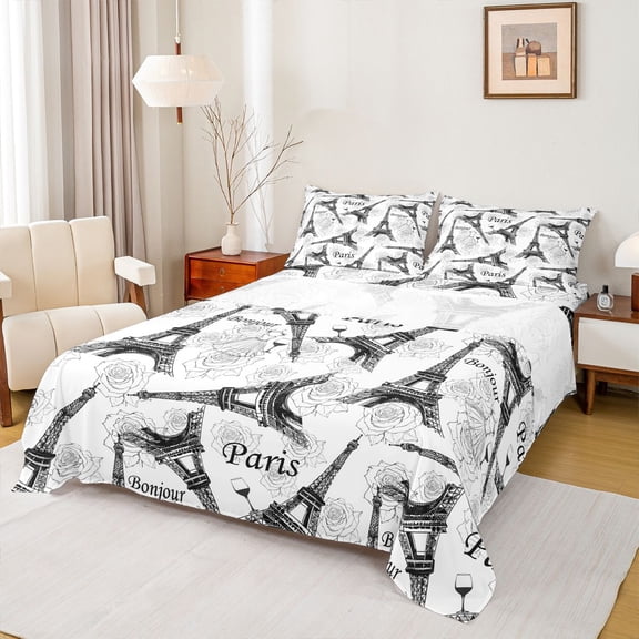 Homewish Paris Eiffel Tower 3pcs Twin Sheet Sets For Teens Female Men,Romantic Rose Twin Fitted Sheet,Valentine'S Day Breathable Flat Sheet,Microfiber Bedroom Decor