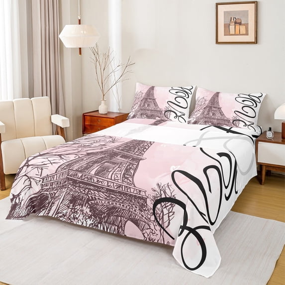 Homewish Paris Eiffel Tower 3pcs Twin Sheet Sets for Teens Girls Boys,Romantic Valentine Twin Fitted Sheet,Black Pink Breathable Flat Sheet,Ultra Soft Home Decor