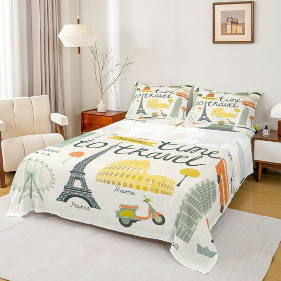 Homewish Paris Eiffel Tower 4 Pieces Queen Sheet Sets for Teens Boys Girls,Retro Vintage Ultra Soft Flat Sheet,Vacation Holiday Travel Queen Fitted Sheet,Super Cozy Room Decor