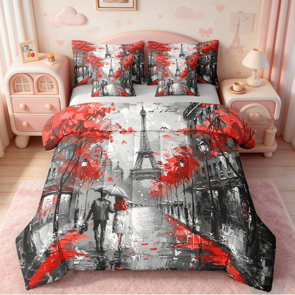 Homewish Paris Eiffel Tower 7-Piece Twin Bedding Sets,Oil Painting Bedding Comforter Set,Romantic Valentine'S Day Sheet Sets For Girls Teens,Ultra Soft Home Decor Reversible