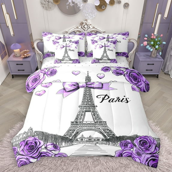 Homewish Paris Eiffel Tower 7-Piece Twin Bedding Sets,Romantic Rose Flower Bedding Comforter Set,Purple White Sheet Sets For Girl Teens,Breathable Home Decor Reversible