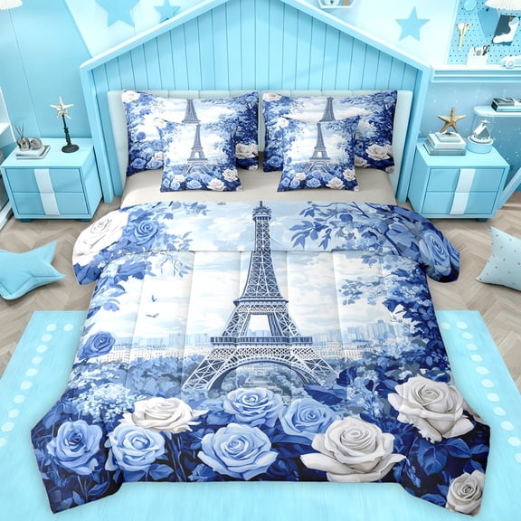 Homewish Paris Eiffel Tower 7 Pieces Bedding Comforter Set,Blue White Flower Full Bedding Set,Romantic Rose Fitted Sheet Flat Sheet For Girl Teens,Breathable Home Decor Reversible