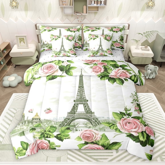 Homewish Paris Eiffel Tower Bedding Comforter Set 7-Piece for Boys Girls,Happy Valentine'S Day King Bedding Sets,Chic Floral Flowers Rose Ultra Soft Bed Sheets,Ultra Soft Home Decor,Reversible
