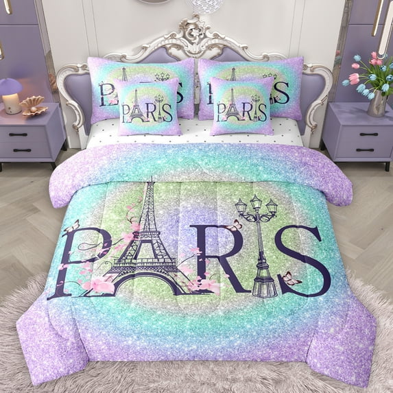 Homewish Paris Eiffel Tower Bedding Comforter Set 7 Pieces, Blue Plum Glitter Diamond Full Bedding Set, Couple Anniversary Theme Reversible Fitted Sheet Flat Sheet, Ultra Soft Bedroom Decor